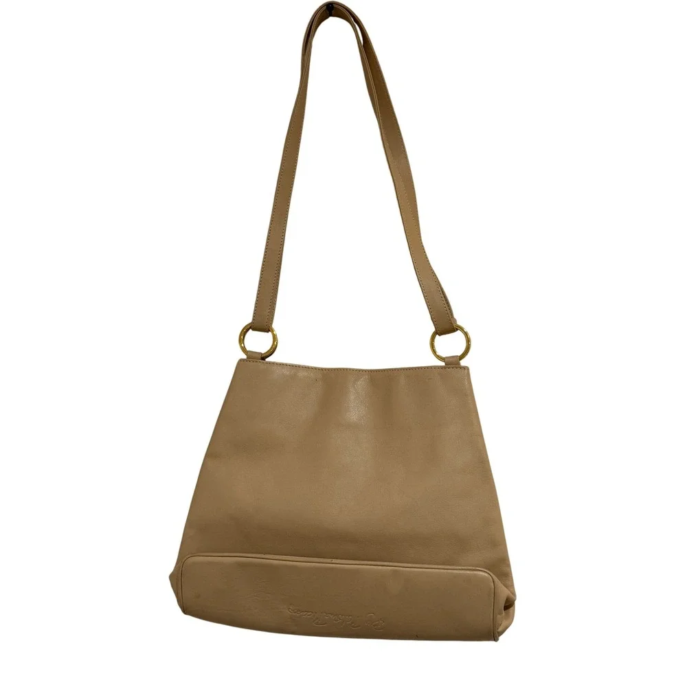 Vintage Paloma Picasso Leather Shoulder Bag Beige Gold‎ Logo Italy Repair